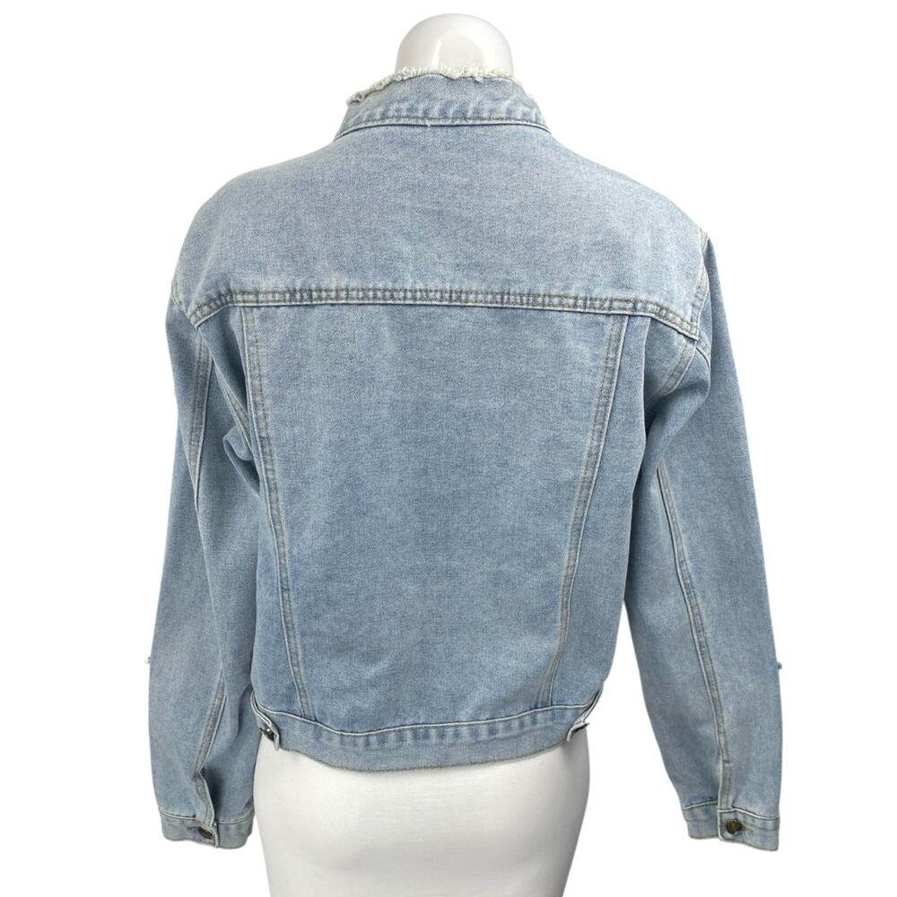 Women's Blue Star Beaded Long Sleeve Frayed Button Up Denim Jean Jacket Size M - Picture 2 of 5